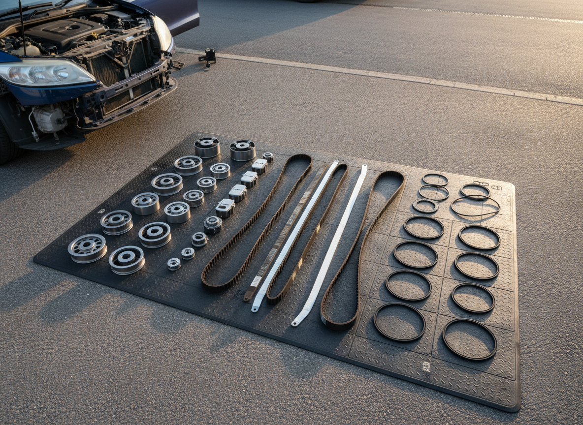 A detailed, photographic overhead view of a work mat laid out on a driveway beside a car, displaying neatly arranged cam belts, wet belts, tensioners, idler pulleys, and seals, each placed in an orderly, logical layout ready for installation. The nearby wheel arch and raised bonnet of the vehicle frame the edge of the image, clearly indicating an on-site timing system service. Late afternoon natural light casts gentle, directional shadows across the textured rubber belts and machined metal parts, highlighting their precision and quality. The composition is meticulously organized, almost infographic-like, with sharp focus across the entire scene. The mood is methodical and trustworthy, emphasizing attention to detail and thoroughness in belt replacement work, in a clean, professional photographic style.