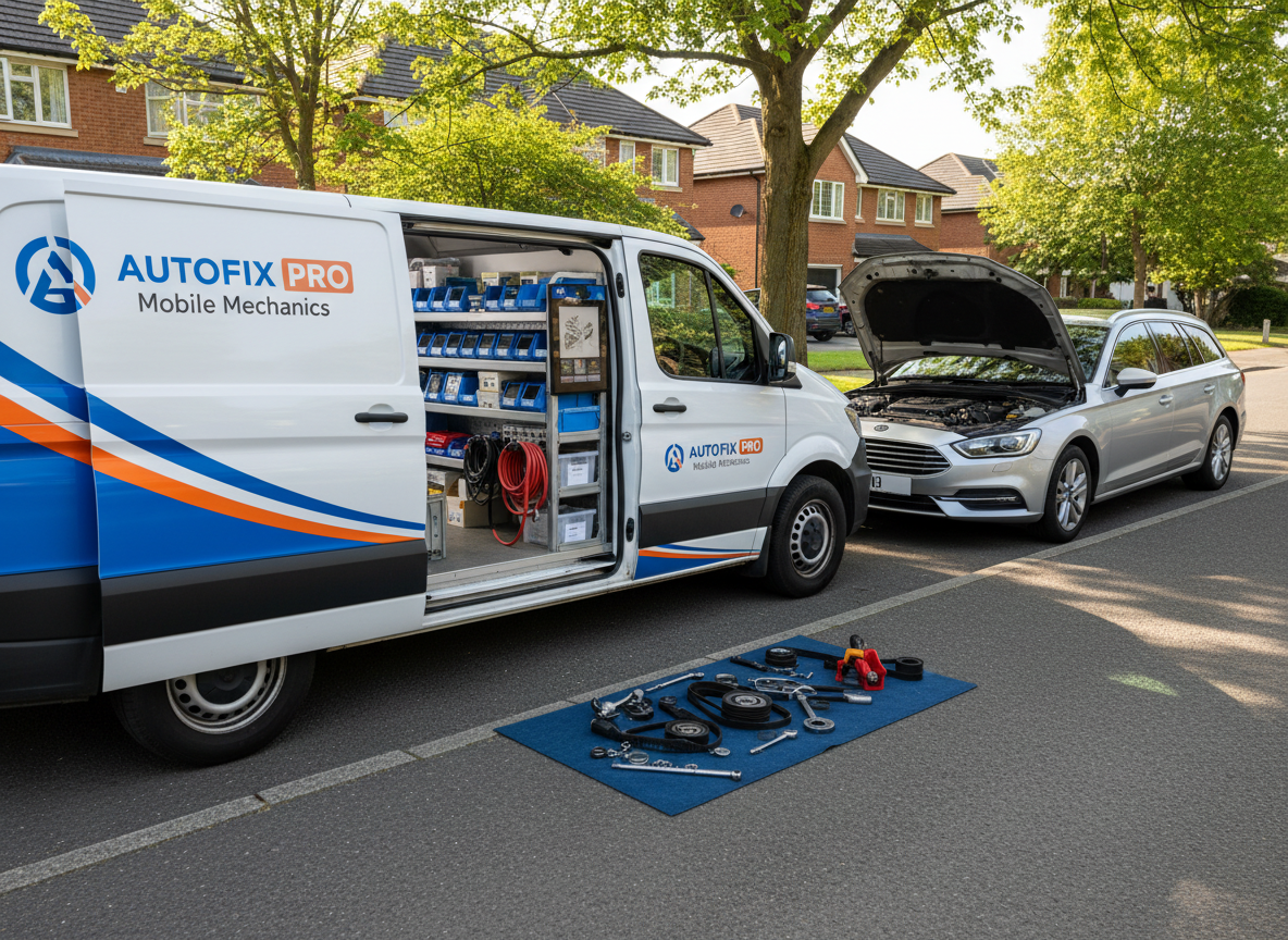 A wide, photographic shot of a branded mobile service van parked neatly on a suburban street beside a family car with its bonnet open, clearly positioned for cam belt and wet belt replacement. The van’s side door is open to reveal organized shelves of diagnostic tools, neatly coiled hoses, and labelled parts boxes, all arranged with precision. The setting is a quiet, tree-lined neighborhood under bright but slightly diffused afternoon light, creating soft shadows and clear visibility of details. The composition uses the rule of thirds, with the van on one side and the open-engine car on the other, emphasizing mobility and convenience. The atmosphere feels reliable and efficient, with a clean, modern photographic realism that conveys a professional mobile automotive service brand.