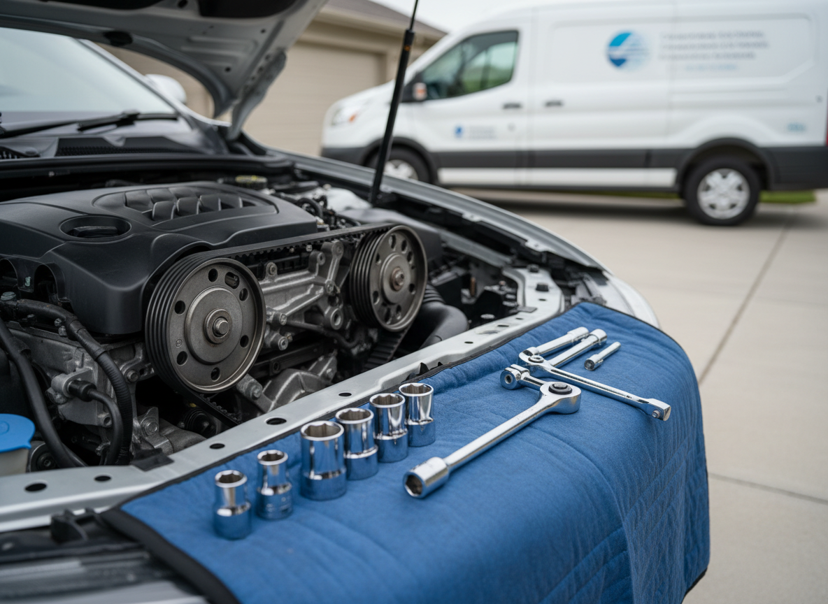 A close-up, photographic image of a clean, modern car engine bay with the plastic cover removed, revealing a clearly visible timing belt area. A dark rubber wet belt and smooth metal cam pulleys are shown mid-replacement, with neatly arranged sockets and torque wrenches resting on a protective fender cover. The vehicle is parked on a tidy residential driveway, with a well-maintained mobile service van blurred in the background to suggest on-site service. Soft overcast daylight creates even, shadow-free illumination, emphasizing crisp details in the engine components. Shot at eye level with a shallow depth of field, focusing sharply on the belt and pulleys, the mood is professional, trustworthy, and reassuring, with a clean, realistic photographic style suited for an automotive repair business homepage hero image.